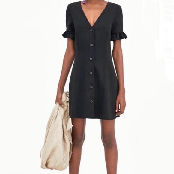 Zara Dresses & Skirts - Zara Trafaluc Flutter Sleeve Black Mini Dress with Buttons